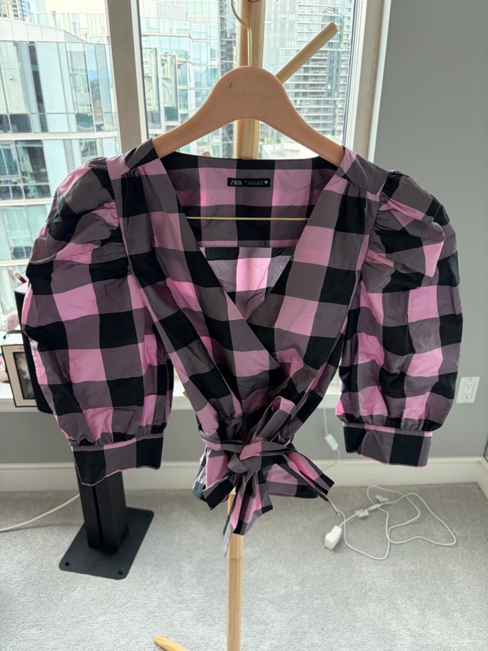 Zara Pink and Black Plaid Puff-Sleeve Wrap Top with a bow